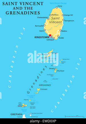 Saint Vincent et les Grenadines carte politique avec capital Kingstown. Banque D'Images