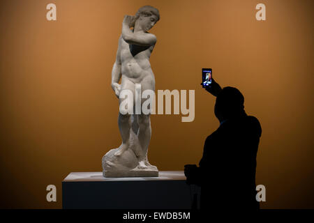 La ville de Mexico, le 23 juin. 27 Sep, 2015. Un visiteur prend des photos de la sculpture David Apollo lors d'une tournée pour les représentants des médias de l'exposition 'Michelangelo Buonarroti : Un artiste entre deux mondes', dans le Palais des Beaux-arts, dans la ville de Mexico, capitale du Mexique, le 23 juin 2015. L'exposition 'Michelangelo Buonarroti : Un artiste entre deux mondes' sera ouverte au public du 26 juin au 27 septembre 2015. © Alejandro Ayala/Xinhua/Alamy Live News Banque D'Images