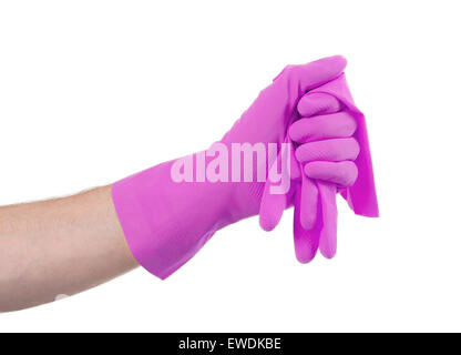 Gant en caoutchouc à la main, prêt pour le nettoyage - isolé Banque D'Images