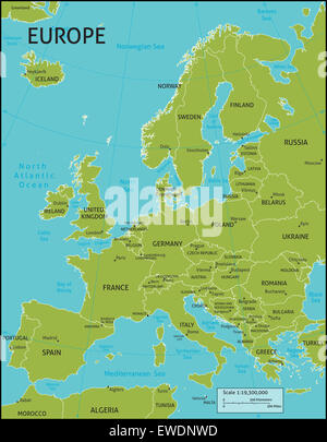 Une carte de l'Europe avec tous les noms de pays, et les capitales de pays. Banque D'Images