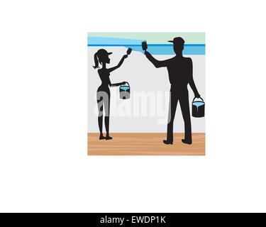 Silhouettes de deux personnes peindre un mur Illustration de Vecteur