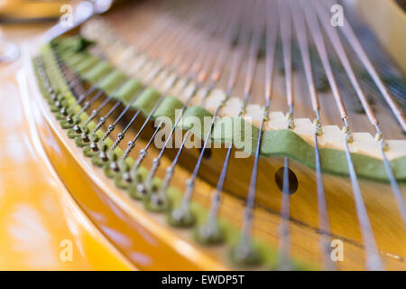 Détaillée des cordes d'un piano à queue classique en close-up Banque D'Images