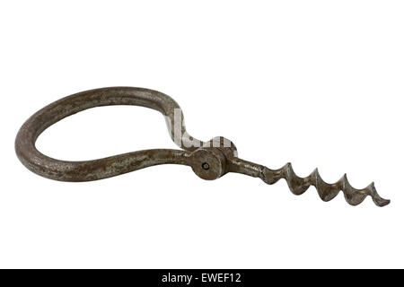 Vintage metal rusty corkscrew fait main. Isolé sur fond blanc. Banque D'Images