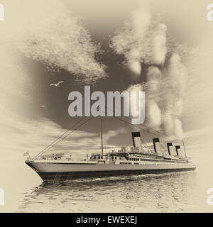 Célèbre navire Titanic parmi les icebergs flottant sur l'eau par jour nuageux, vintage style - 3D render Banque D'Images