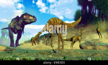 Tyrannosaurus rex surprenant gallimimus troupeau dinosaures par jour - 3D render Banque D'Images