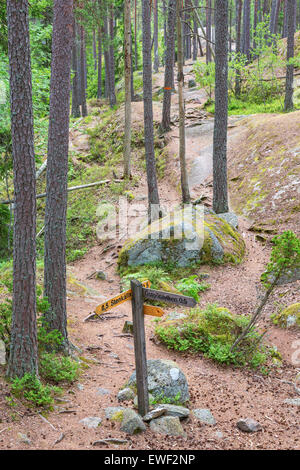 Indicateurs de sentiers de randonnée dans les bois à Tivedens parc national en Suède Banque D'Images