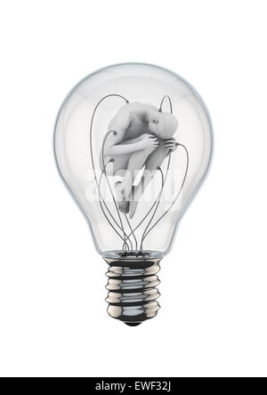 Rendu 3D, l'évolution de l'homme figure en position fœtale suspendue par des tubes inside Light bulb Banque D'Images