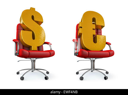3D render of dollar et symbole de l'euro repose dans office chair Banque D'Images