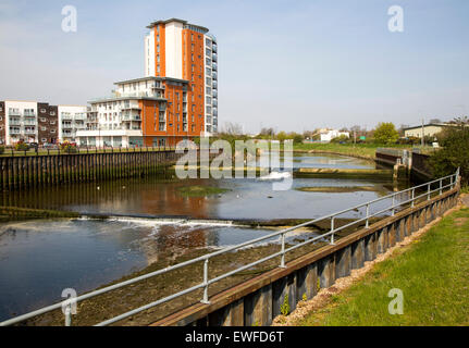 Weir et la défense contre les inondations sur la rivière Mur Orwell, Ipswich, Suffolk, Angleterre, RU Banque D'Images