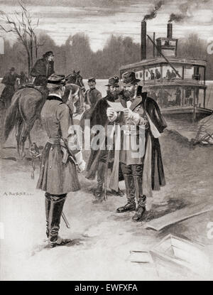 L'arrivée du général Grant à la bataille de Shiloh, aka la bataille de Pittsburg Landing, 1862. Ulysses S. Grant, 1822 - 1885. Général commandant dans l'Armée de l'Union pendant la guerre civile américaine et 18e président des États-Unis. Banque D'Images