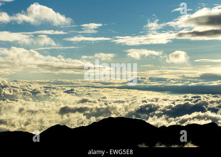 Une vue en grand angle montre la silhouette sombre d'une chaîne de montagnes contre une vaste étendue de nuages. Au-dessous des sommets des montagnes, une couche dense de nuages blancs et dorés s'étend à travers le Banque D'Images