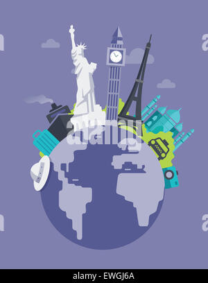 Image d'illustration de différents monuments pays représentant le globe Banque D'Images