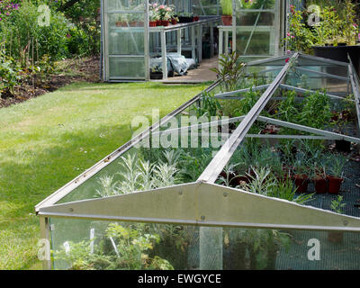 Un grand jardin en aluminium et verre avec cloche à effet de style semblables derrière dans un jardin bien entretenu. Banque D'Images