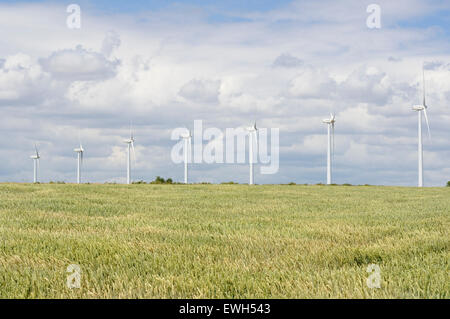 Rangée de moulins à vent sur site au moyen d'un champ agricole en Navarre. L'Espagne. Banque D'Images