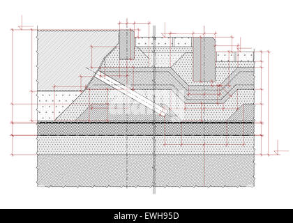 La section d'architecture détaillée d'une structure en béton avec des couches de revêtement de sol en granit et de pavage pour parterre Banque D'Images