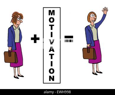 Caricature d'affaires montrant l'impact positif des les motivations' sur la femme d'affaires. Banque D'Images