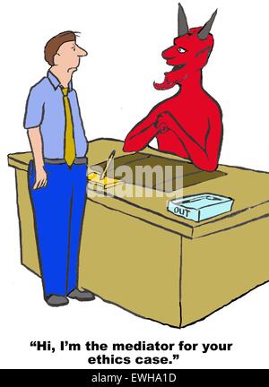 Caricature d'affaires de devil dit à d'affaires, "Salut, je suis le médiateur pour votre cas d'éthique'. Banque D'Images
