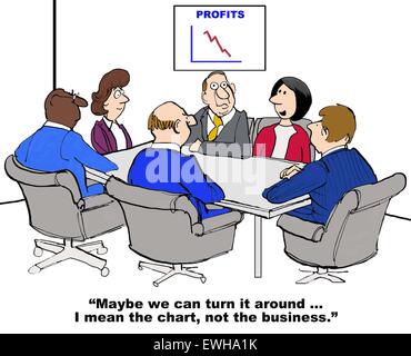 Caricature d'affaires de réunion, graphique avec la diminution des bénéfices et de la femme en disant : "peut-être nous pouvons tourner autour de... la carte..." Banque D'Images