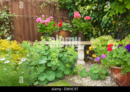 Coin ombragé d'un jardin avec les conteneurs remplis de fleurs colorées Banque D'Images