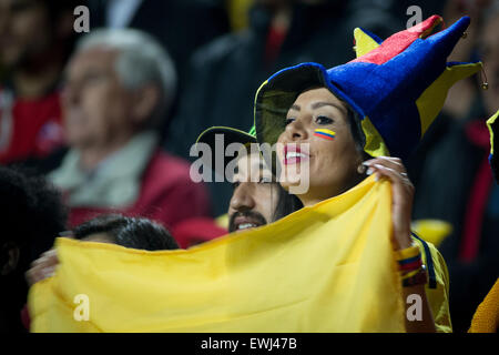 Vina del Mar, au Chili. 26 Juin, 2015. Un ventilateur de la Colombie réagit avant le quart de finale entre l'Argentine et la Colombie à la Copa America 2015 au Chili El Sausalito Stadium, dans la ville de Viña del Mar, Chili, le 26 juin 2015. Crédit : Pedro Mera/Xinhua/Alamy Live News Banque D'Images