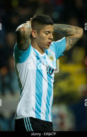 Vina del Mar, au Chili. 26 Juin, 2015. L'Argentine Marcos Rojo réagit au cours du quart de finale entre l'Argentine et la Colombie à la Copa America 2015 au Chili El Sausalito Stadium, dans la ville de Viña del Mar, Chili, le 26 juin 2015. Crédit : Pedro Mera/Xinhua/Alamy Live News Banque D'Images