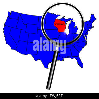 Aperçu de l'état du Wisconsin dans une carte des États-Unis d'Amérique sous la loupe Banque D'Images