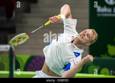 Baku, Azerbaïdjan. 27 Juin, 2015. Le Danemark Emil Holst participe à la demi-finale de badminton des hommes contre l'Allemagne à l'Domke Baku 2015 jeux européens à Bakou Sports Hall à Bakou, Azerbaïdjan, 27 juin 2015. Photo : Bernd Thissen/dpa/Alamy Live News Banque D'Images