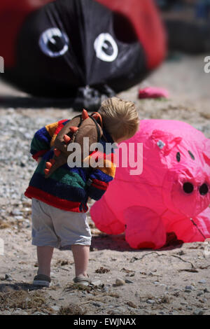 Morecambe, Lancashire, UK 27 Juin, 2015. William Rippon (Modèle) Parution 23 mois, l'inspection des animaux captifs gonflés au sol peu rose videur de porcs, à la prise au vent Kite Festival un événement annuel sur le front de mer de Morecambe, quand pour l'ensemble de la journée le ciel est plein de la plus spectaculaire des formes, couleurs et créations. Banque D'Images