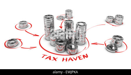 Des piles de pièces génériques sur fond blanc avec des flèches pointant vers le centre. Image conceptuelle pour fraude fiscale. Paradis fiscal illus Banque D'Images