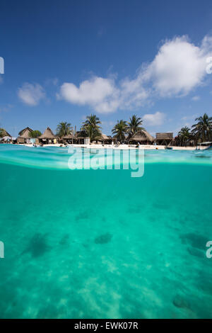 Au-dessus et au-dessous de l'eau photo de chaume des cabanes de plage tropicale et de récifs tropicaux et sable blanc ci-dessous Banque D'Images