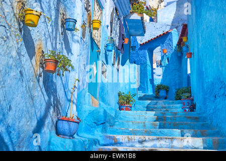 Murs peints en bleu à l'ancienne médina de Chefchaouen, Maroc, Afrique Banque D'Images