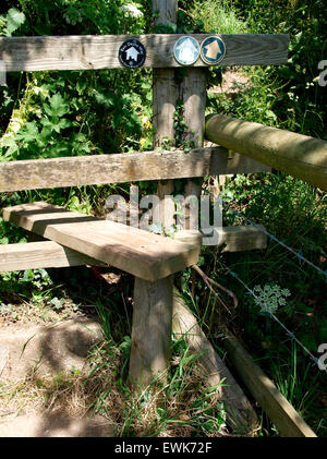 Stile sur un sentier public avec trois marqueurs y compris le sentier East Dean Way, Curload, Somerset, UK Banque D'Images