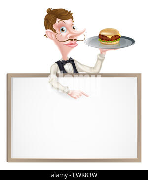 Une illustration d'une caricature Waiter holding un plateau avec un burger sur elle et en montrant une pancarte Banque D'Images