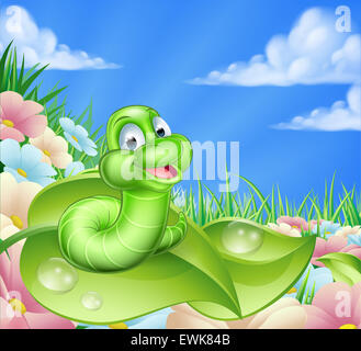 Une illustration d'un cute cartoon caractère caterpillar dans une prairie avec des fleurs d'été Banque D'Images