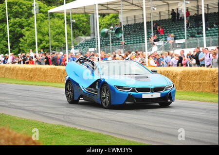 Tiff Needell pilote de course durs un hybride BMW i8 au Goodwood Festival of Speed. Les pilotes de course, des célébrités et des milliers de membres du public ont assisté à la Goodwood Festival of Speed pour voir les voitures de course anciennes et modernes et des vélos en action. Banque D'Images