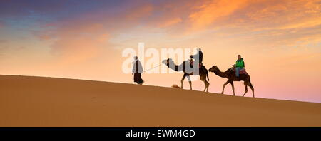 Caravane de chameaux, désert Erg Chebbi près de Merzouga, Sahara, Maroc Banque D'Images