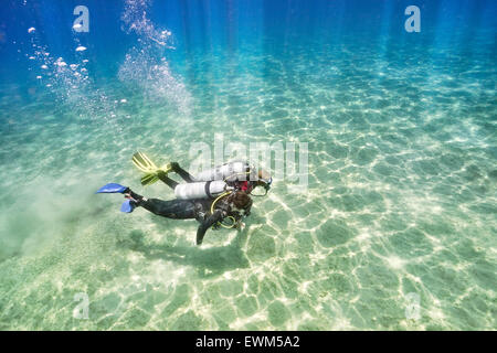Marsa Alam, moniteur de plongée avec plongeur débutant, première plongée sous-marine, Red Sea, Egypt Banque D'Images