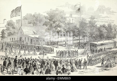 L'arrivée et le départ des troupes fédérales sur le chemin de Washington à l'Union européenne rafraîchissement bénévoles saloon, Philadelphia, Pennsylvania, 1861 Banque D'Images