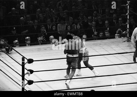 Muhammad Ali et Joe Frazier il bataille pour le World Heavyweight Championship à Madison Square Garden New York. 8 mars 1971 (photo) Joe Frazier l'atterrissage de son fameux crochet du gauche qui place Ali sur la toile dans le cadre de la ronde 15. Banque D'Images