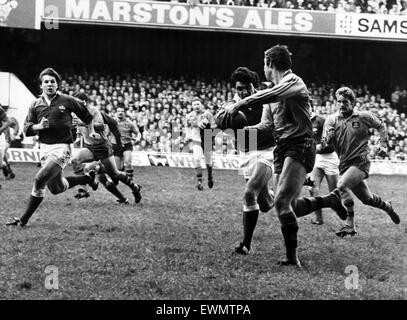 L'Australie 27-12 Pays de Galles, l'Australian Rugby Union 1984 Tour de Grande-Bretagne et l'Irlande, Match 12, Cardiff Arms Park, Cardiff, 24 novembre 1984. Roger Gould semble pour soutenir que Mark Ring s'apprête à attaquer. Banque D'Images