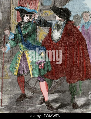 Robert François Damiens (1715-1757). Serviteur domestique français. Tentative d'assassinat du roi Louis XV de France en 1757. Gravure par Dupre. De couleur. Banque D'Images