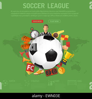 L'affiche de football avec ballon de soccer et les attributs d'icônes. 3D réaliste et télévision icônes comme arbitre, trophée, carton rouge. Peut être utiliser Banque D'Images