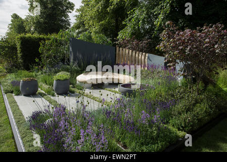 Hampton Court Palace, Surrey, UK. 29 Juin, 2015. 25e année de la RHS Hampton Court Palace Flower Show, le plus grand spectacle de fleurs, avec des événements marquant l'anniversaire. Le spectacle se déroule du 30 juin au 5 juillet 2015. Living Landscapes : Guérison Jardin urbain conçu par Rae Wilkinson avec une palette de couleur d'argent, bleu et bordeaux. Credit : Malcolm Park editorial/Alamy Live News Banque D'Images