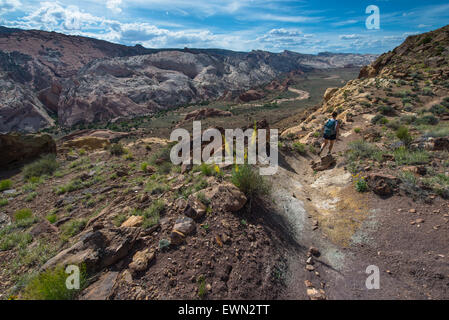 Girl randonneur, Backpacker sur Brimhall Pont Naturel Trail Capitol Reef National Park Banque D'Images