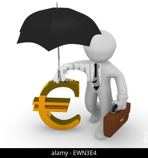 L'homme d'affaires avec un parapluie protégeant une icône Euro concept financier, Banque D'Images