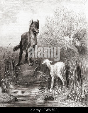 L'illustration de Gustave Doré de la fable de La Fontaine le loup et l'agneau, (Le loup et l'Agneau). Banque D'Images