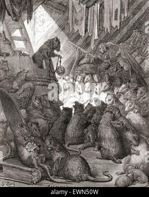 L'illustration de Gustave Doré de la fable de La Fontaine les souris en conseil (Conseil tenu par les rats), aussi connu sous les titres de Belling le chat et la cloche et le chat. Banque D'Images