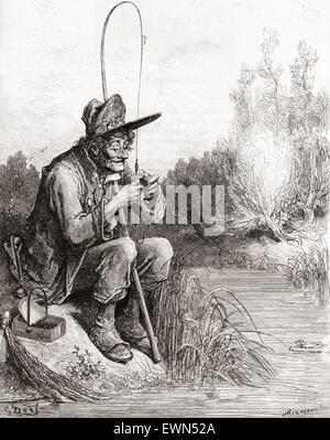 Le pêcheur et le petit poisson (le petit poisson et le pêcheur). L'illustration de Gustave Doré de la fable de La Fontaine. Banque D'Images