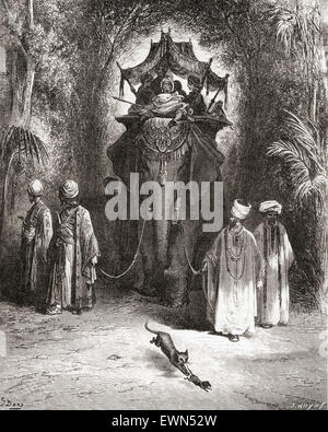 L'illustration de Gustave Doré de la fable de La Fontaine Le Rat et l'éléphant, (le rat et l'Éléphant). Banque D'Images