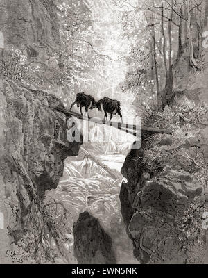 L'illustration de Gustave Doré de la fable de La Fontaine Les deux chèvres ( Les deux chévres) Banque D'Images